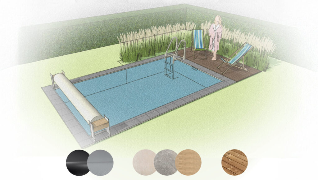 Living Pool Pure mit Darstellung der Belagsarten und -farben - FREIRAUM